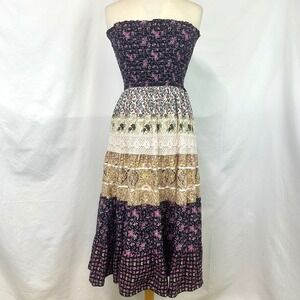 SHE'S COOL Strapless Smocked Tiered Midi Dress Floral Patchwork 100% Cotton L